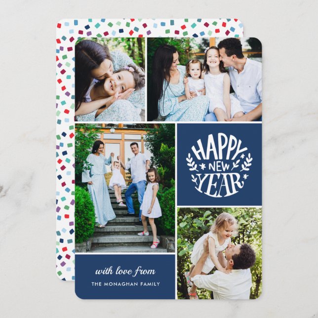 Cartão de Ano Novo de Foto Collage 4 | Azul (Frente/Verso)