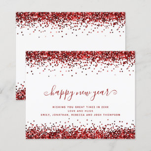Cartão de Ano Novo Feliz com Bordas de Brilho Verm
