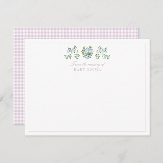 Cartão de anotação de berçário de gingham com cris (Frente/Verso)
