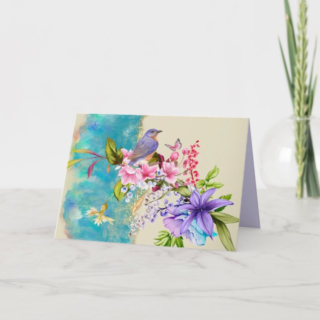 Cartão de anotação de pássaro e flor (Frente)