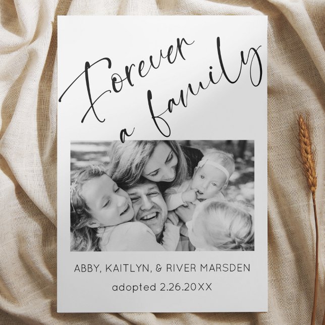 Cartão de Anúncio de Adoção de Foto "Família Forev ("Forever a Family" Child adoption announcement card black and white script photo modern simple )
