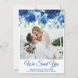 Cartão de Anúncio de Casamento Azul Naval Floral