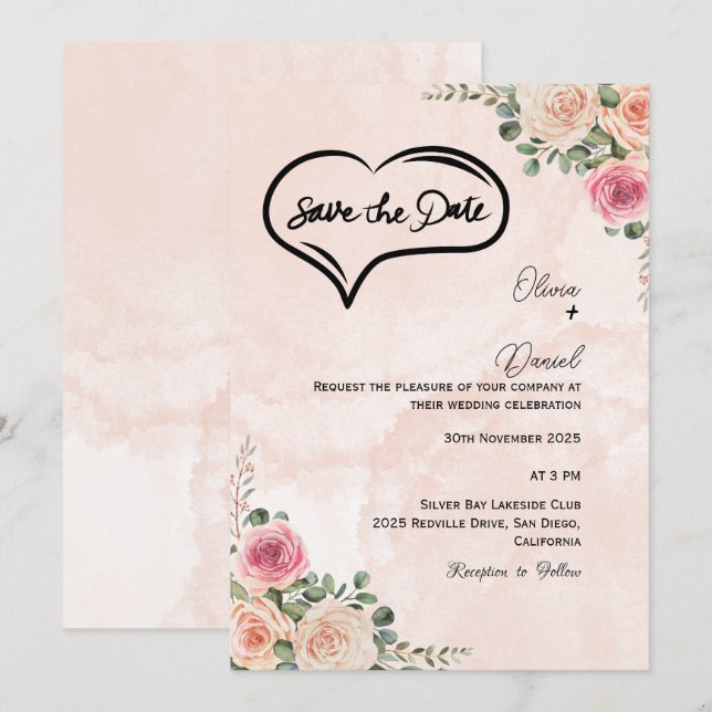 Cartão de Anúncio de Casamento com Flores em Creme (Frente/Verso)