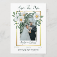 Cartão de Anúncio de Casamento Daisies Floral Gold