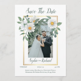 Cartão de Anúncio de Casamento Daisies Floral Gold