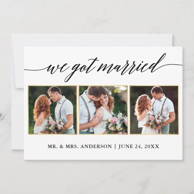 Cartão de Anúncio de Casamento Fotográfico Dourado (Frente)