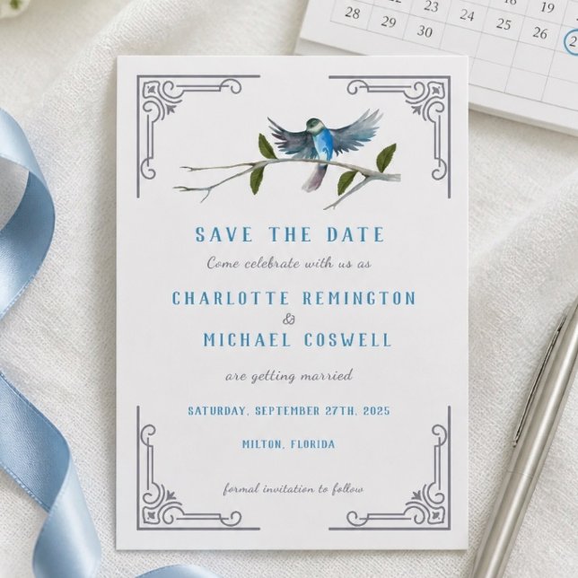 Cartão de Anúncio de Casamento Pássaro Azul de Fel (Criador carregado)