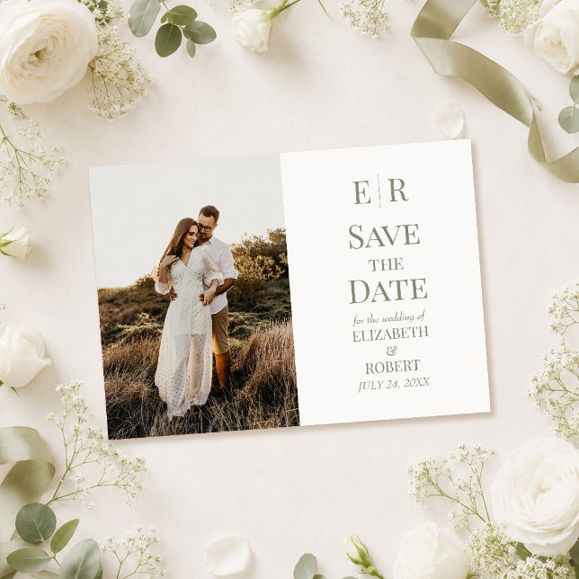 Cartão de Anúncio de Data de Casamento com Foto e  (White & Olive Monogram Photo Save the Date Card on a  table with white flowers)
