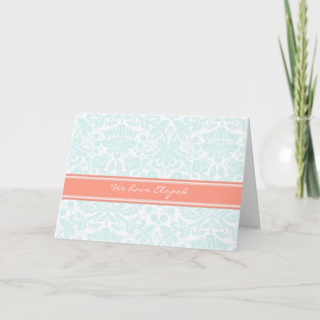 Cartão de Anúncio de Elopement Aqua Coral Damask (Frente)