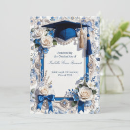 Cartão de Anúncio de Formatura Floral Azul e Branc
