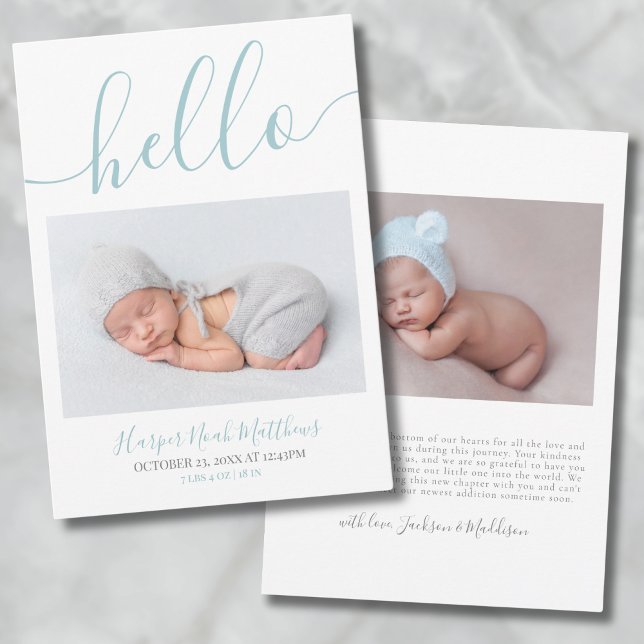 Cartão de Anúncio de Foto Minimalista Blue Boy (Minimalist Baby Boy Photo Birth Announcement Card)