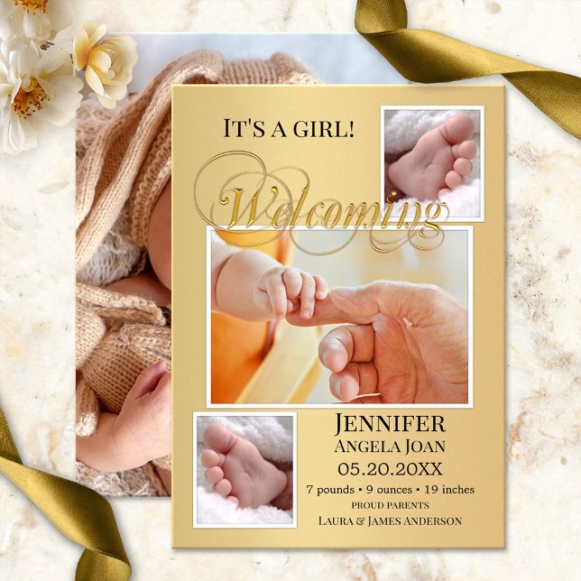 Cartão de Anúncio de Fotos de Nascimento Dourado (Elegant birth announcement card with 4 of your baby and family photos framed by a modern gold design)