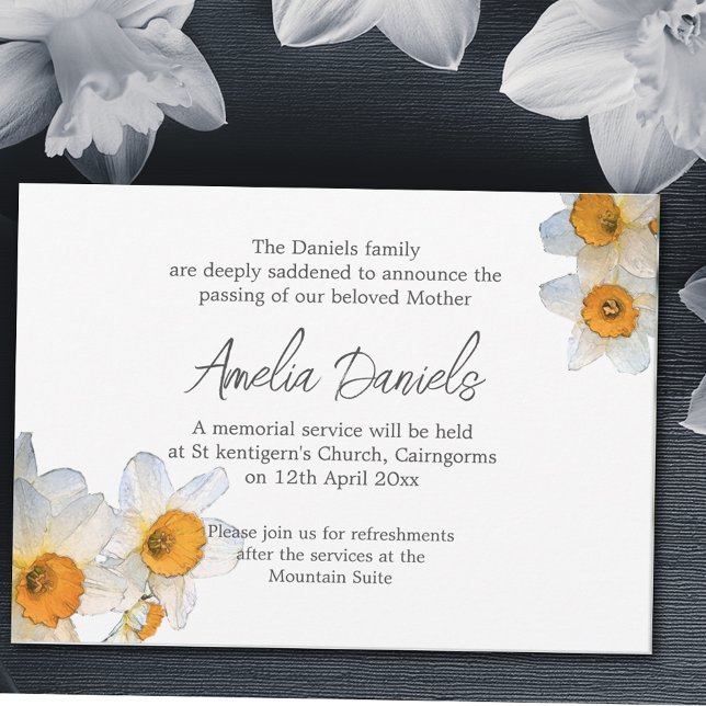 Cartão de Anúncio de Funeral Elegante Narciso (Criador carregado)