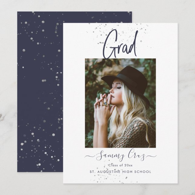 Cartão de Anúncio de Graduação Azul Marinho PixDez (Frente/Verso)