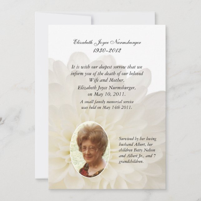 Cartão de Anúncio de Morte Floral Branca (Frente)