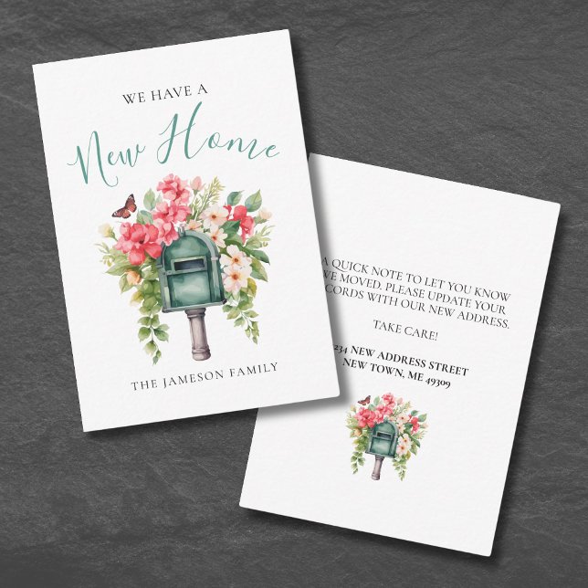 Cartão de Anúncio de Mudança com Caixa de Correio  (Floral Change Of Address Card)