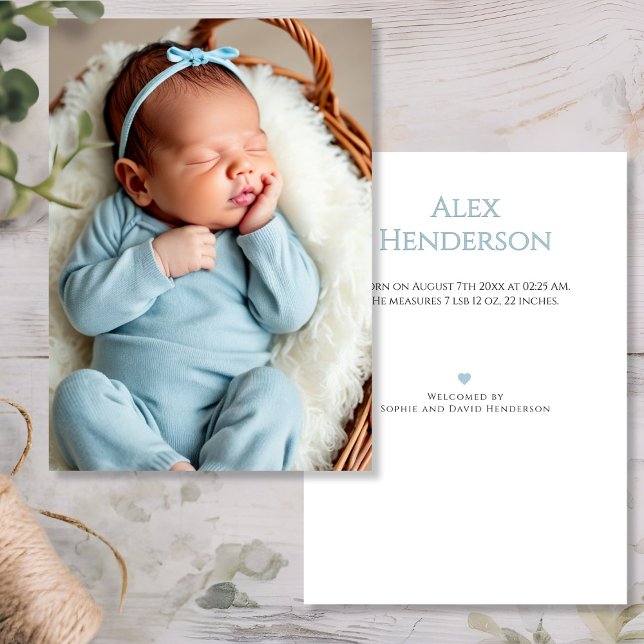 Cartão de Anúncio de Nascimento Azul Foto do Baby  (Baby Boy Photo Blue Birth Announcement Card, double sided)