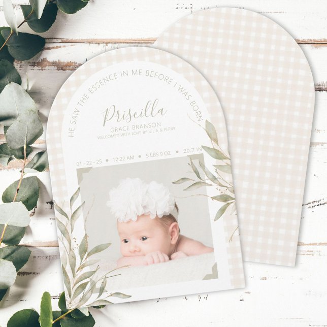 Cartão de Anúncio de Nascimento com Foto Gingham R (Elegant religious birth announcement with photo, soft gingham, gold accents, and personalization)