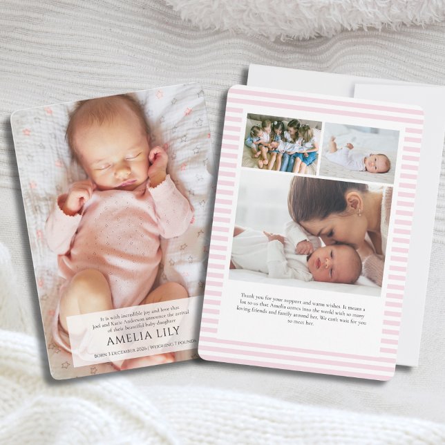 Cartão de Anúncio de Nascimento de Bebê Rosa (Cute Classic Baby Girl Birth Announcement card with photo collage of 4 photos and pink stripes)