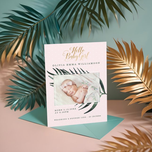 Cartão de Anúncio de Nascimento do Bebê | Folha de (Baby Birth Announcement Card | Tropical Palm Leaf)