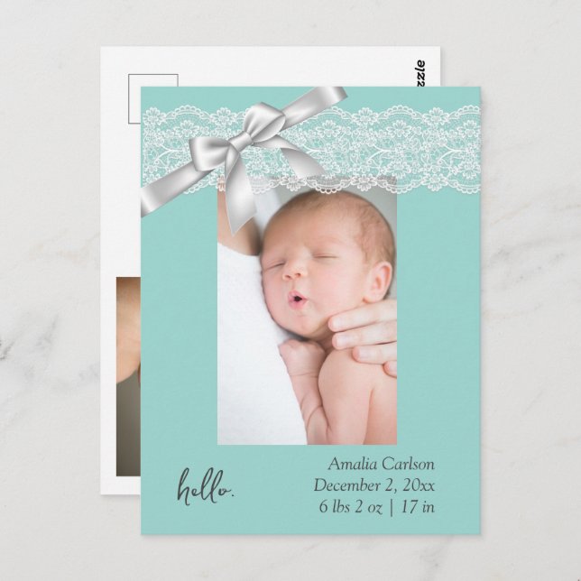 Cartão de Anúncio de Nascimento do Lace Verde-Água (Frente/Verso)