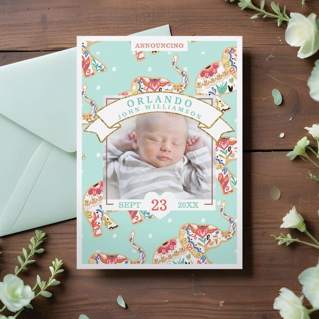 Cartão de Anúncio de Nascimento - Elefante Decorat (Baby Birth Announcement Card - Decorative Elephant)