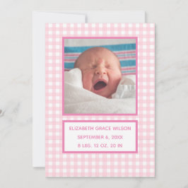 Cartão de Anúncio de Nascimento Gingham Rosa