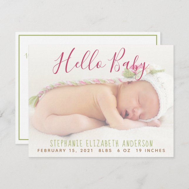 Cartão de Anúncio de Nascimento Rosa de Foto do Be (Frente/Verso)
