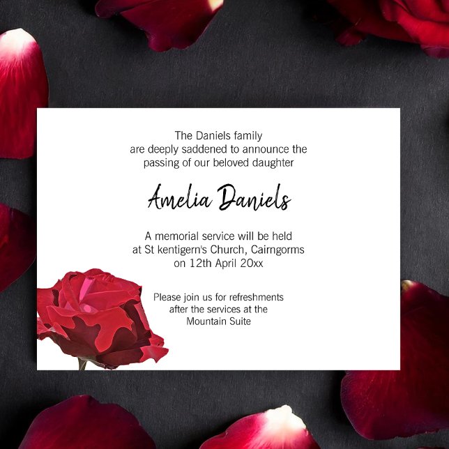 Cartão de Anúncio de Óbito com Rosa Vermelha (Elegant funeral announcement cards with a single red rose.)