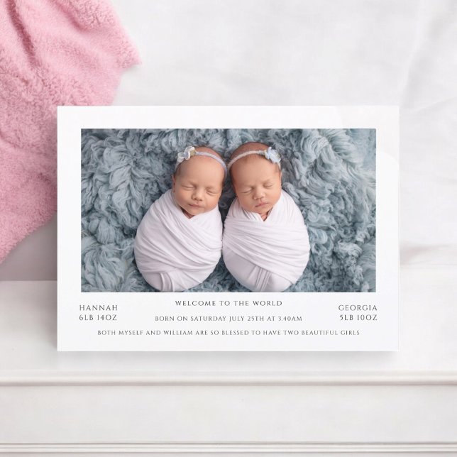 Cartão de Anúncio para bebês gêmeos com fotografia (twins,birth announcement,baby girls fully editable and downloadable)