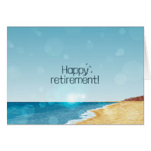 Cartão de aposentadoria com praia, mar e céu azul