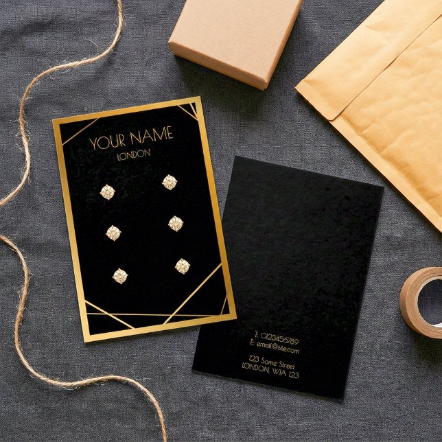 Cartão de apresentação geométrica de borda dourada (Simple gold border geometric earring display card.)