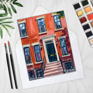 Cartão de Aquarela Boston Brownstones Massachusett