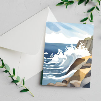 Cartão de Aquarela da Costa Rochosa com Ondas Bate