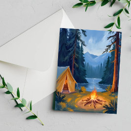 Cartão de Aquarela de Acampamento na Floresta