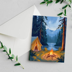 Cartão de Aquarela de Acampamento na Floresta
