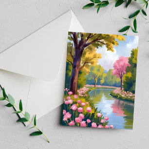 Cartão de aquarela de flores cor-de-rosa no jardim