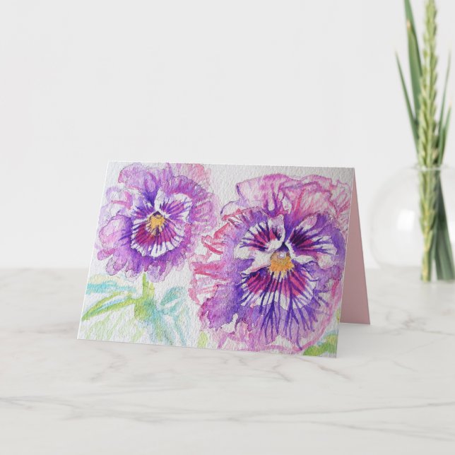 Cartão de Aquarela de Flores de Pensamento Roxo Li (Frente)