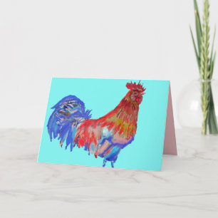 Cartão de Aquarela de Galo Vermelho e Azul Aqua