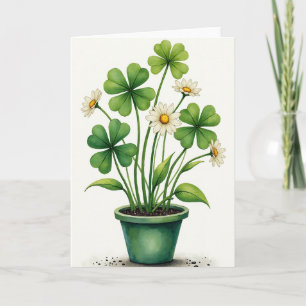 Cartão de Aquarela de Trevo da Sorte e Margarida