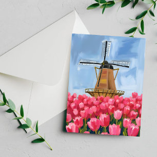 Cartão de aquarela do campo de tulipas do moinho d