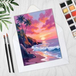 Cartão de Aquarela do Oceano do Pôr do Sol Rosa Tr