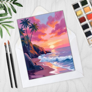 Cartão de Aquarela do Oceano do Pôr do Sol Rosa Tr
