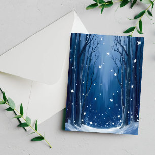 Cartão de Aquarela Floresta de Inverno Azul com Ne