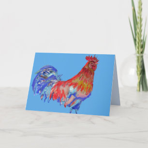 Cartão de Aquarela Galo Azul Vermelho