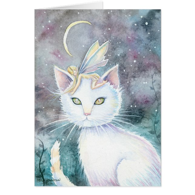 Cartão de Aquarela Gato Lua Prateada e Fada (Frente)