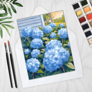 Cartão de Aquarela Hortênsias Azuis Nova Inglaterr