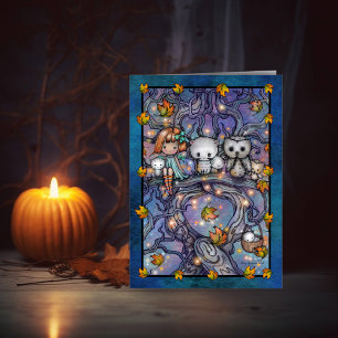 Cartão de Arte de Corujas e Gatos Fadas do Hallowe