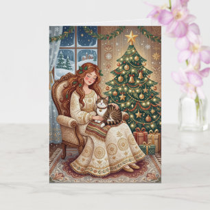 Cartão de Arte de Gata de Natal Caprichosa e Donze