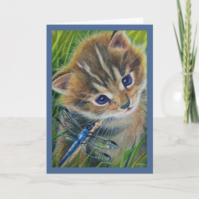 Cartão de Arte Marrom Tabby Kitten & Dragonfly (Frente)